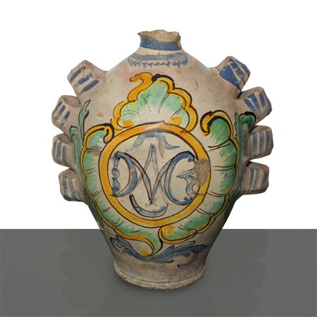 Fiasca in maiolica di Caltagirone con prese poliansate, 1787