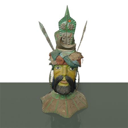 Testa di moro scolpita in legno policromo con struttura in metallo, 19° secolo