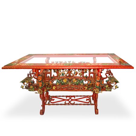 Giuseppe Zappalà detto "Peppinu U Suddu" - Fratelli Spatola  Ispica (Aci Sant'Antonio)  - Tavolino in legno con piano in vetro dipinto policromo con scene di paladini e della tradizione siciliana  d