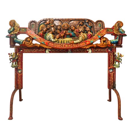 Il cenacolo, chiave di carretto scolpita e sbalzata a rilievo e dipinta policroma