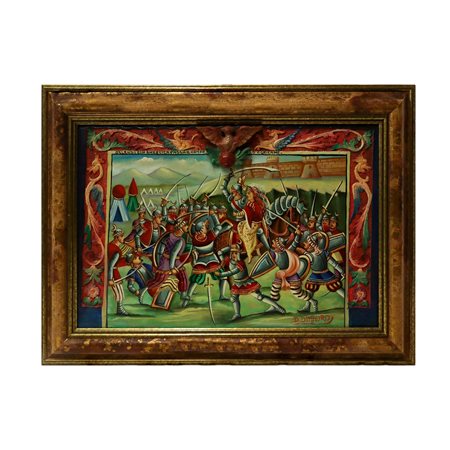 Domenico Di Mauro (Guardia Mangano 1913 - Aci S. Antonio 2016)  - Pannello in legno con scena dei paladini "Orlando con Angelica passa il campo d'Agricane", August 16, 1987