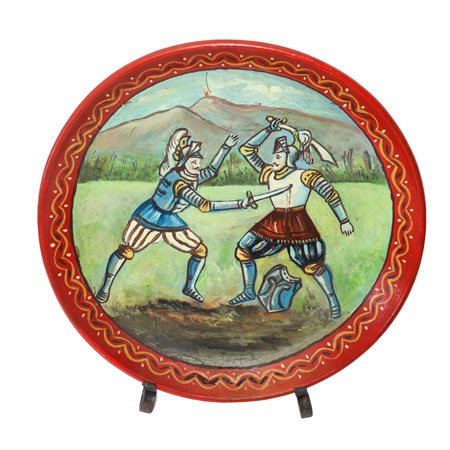 Domenico Di Mauro (Guardia Mangano 1913 - Aci S. Antonio 2016)  - Piatto in ceramica con piedistallo in ferro con scena dei paladini