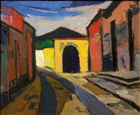 Giovanni Alicò (Catania 1906 - Milano 1971)  - Strada di paese con case (Aci Sant'Antonio) ed Etna in prospettiva., 1958