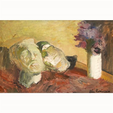 Elio Romano (Trapani 1909 - Catania 1996)  - Natura morta con scultura e vaso con fiori