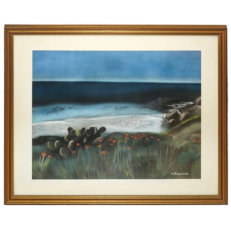 Mario  Romano (Cilento  XX secolo)  - Scogliera marina con fichi d'India e papaveri
