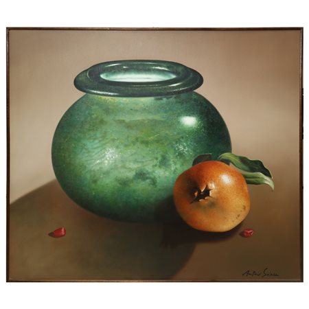Antonio Sciacca (Catania 1957)  - Natura morta con vaso verde e melograno