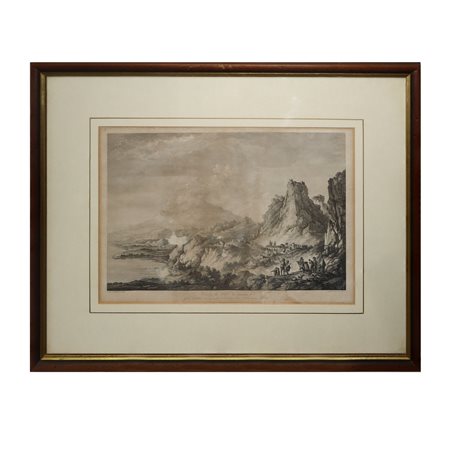 Saint-Non - Vista di Taormina con Etna incisione tratta dal "Voyage pittoresque des isles de Sicile, de Malte et de Lipari", fine 18° secolo