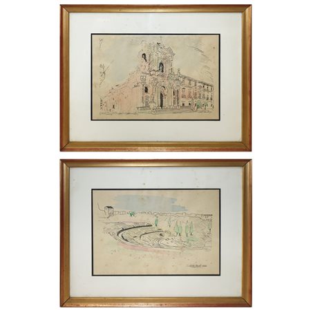 Coppia di disegni acquerellati raffiguranti Teatro Greco e Cattedrale Santa lucia di Siracusa, Firmato Salvatore Amato