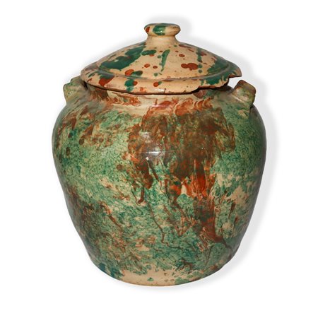 Saliera in terracotta di Caltagirone invetriata e smaltata, effetto marmorizzato, 20° secolo