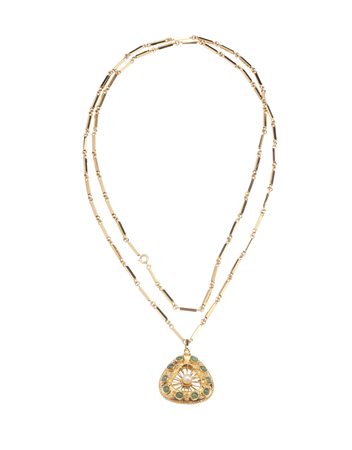  - Pendente in oro giallo 18k con agate verdi cabochon e perla centrale .