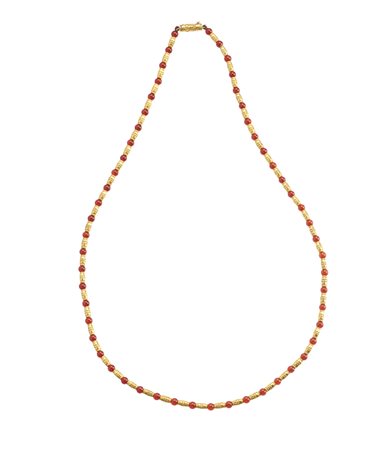  - Collana in oro giallo  artigianale 18k con piccole sfere di quarzi rossi .