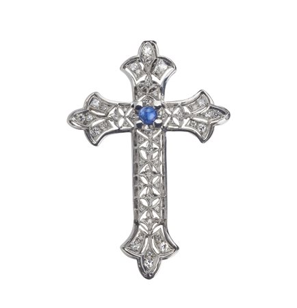  - Croce in oro bianco 18k con piccolo zaffiro blu cabochon e diamanti bianchi taglio huit-huit .