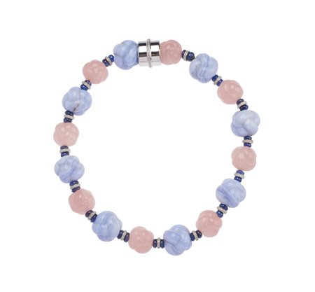  - Deliziosa collana in oro bianco 18k  con calcedonio e quarzo, boules di zaffiri e diamanti taglio brillante.