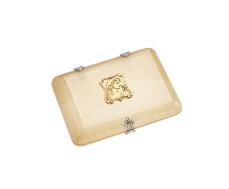 CARTIER - Rara trousse anni '20 - '30 in agata fumé con cerniere in platino e diamanti a rosetta  .