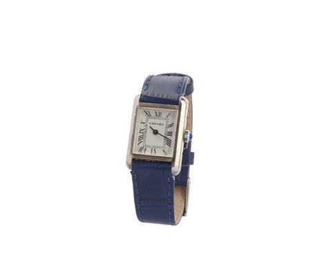 CARTIER - Orologio Tank da donna in argento 925% con cinturino in pelle blu .