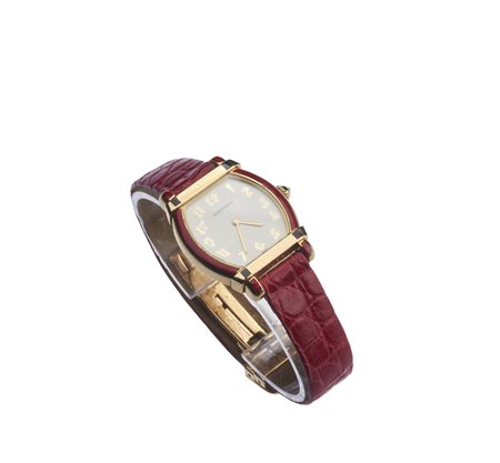 CARTIER - Orologio Cartier  Tortue  in oro giallo 18k con smalti e cinturino in pelle e fibbia deployante.