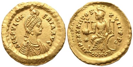 Aelia Pulcheria, Solidus struck under Theodosius II, Constantinople, 442-443; AV (4,41 g; 20,5 mm; 1 h)