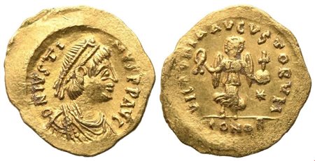 Justin I (518-527), Tremissis, Constantinople; AV (1,49 g; 14,6 mm; 6 h)