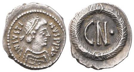 Justin II (565-578), Quarter Siliqua, Ravenna; AR (0,70 g; 12,7 mm; 6 h)