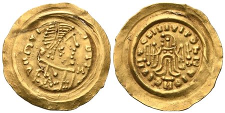 Lombards (Pseudo-Imperial Coinage), In the name of Emperor Maurice Tiberius, Uncertain king (c. 620-690), Tremissis, Ticinum mint (?); AV (1,35 g; 20,5 mm; 10 h)