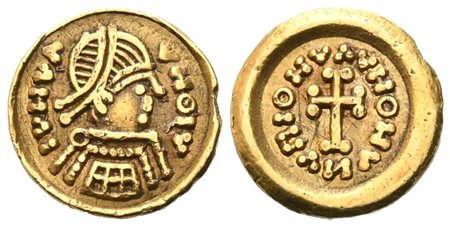 Lombards, Duchy of Tuscia (Pseudo-Imperial Coinage), Uncertain king (c. 620-690), Tremissis; Tuscany mint (?); AV (1,36 g; 12,1 mm; 7 h)