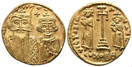 Constans II (641-668) with Constantine IV, Heraclius and Tiberius, Solidus, Constantinople; AV (4,49 g; 19 mm; 6 h)