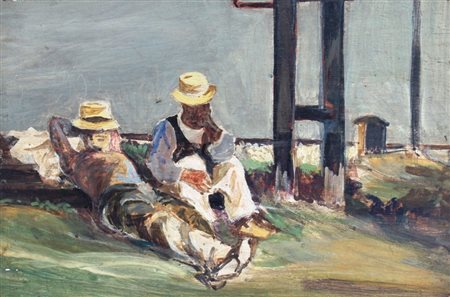 SUGHI ALBERTO (Cesena 1928) "Figure" Olio su tavola cm. H: 19.00 L: 27.00