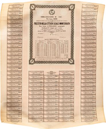 Prestito della Città di Casale Monferrato1872Obbligazione di L. 50047 x 59...