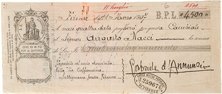 Gabriele D'Annunzio, principe di Montenevoso - Cambiale di lire 4.500 onorata...