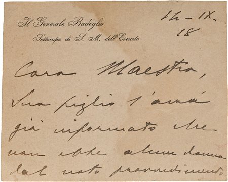 Pietro Badoglio - Biglietto autografo con firma di pugnoDatato 14 settembre...