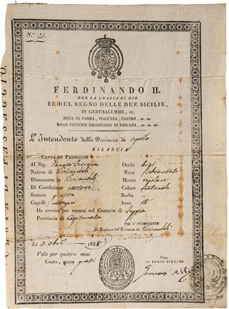 Ferdinando II, Re del Regno delle due Sicilie - Carta di Passaggio valevole...