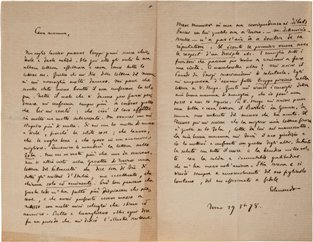 Edmondo De Amicis - Lunga lettera autografa con firma di pugno indirizzata...