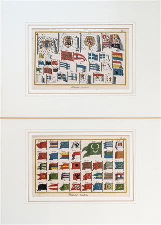 3 stampe di bandiere colorate a mano1778 c.Stampe con passepartoutCm. 35,8 x...