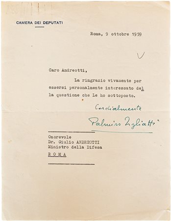 Palmiro Togliatti - Lettera personale dattiloscritta con saluti e firma...