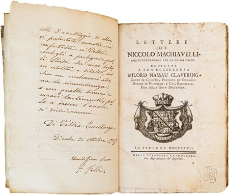 MACHIAVELLI NICCOLÒ - LETTEREFirenze, STAMPERIA GRANDUCALE, 1767Legatura in...