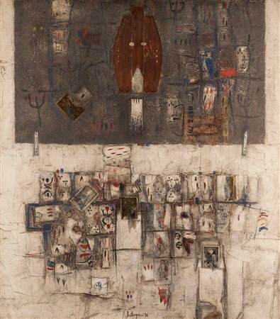 Vladimir Nemukhin (Priluki 1925 - Mosca 2016)  - Composizione con maschera e carte, 1969/'72