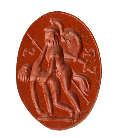 A Roman red jasper intaglio. Menelaos and Patroclus.
