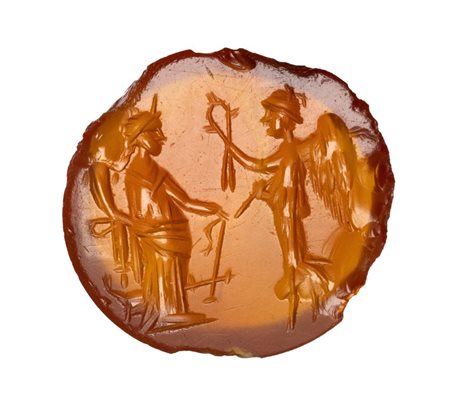 A large Roman carnelian intaglio. Fortuna-Tyche with Nike.