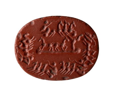 A large Roman provoncial  red jasper intaglio. Circus horse riding scene.
