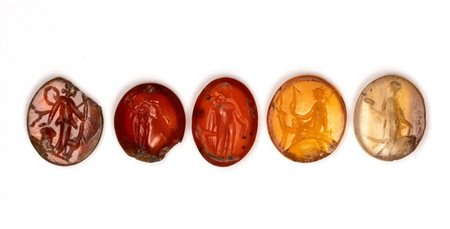 Lot of 5 Roman carnelian intaglios. Various subjects.