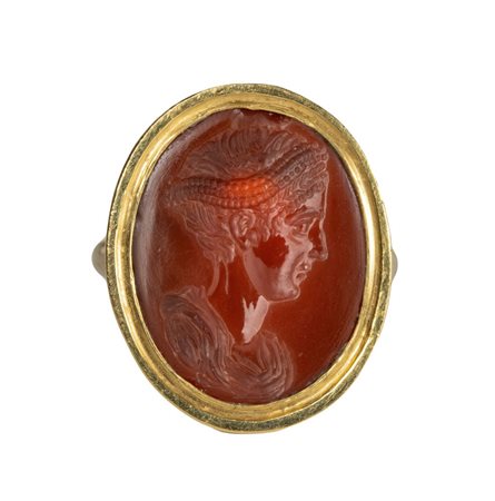 A fine Roman carnelian intaglio set in a modern gold ring. Portrait of the empress Sabina.