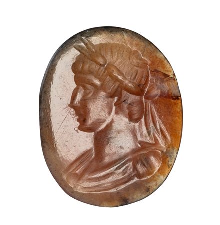 A large Frederician  burnt agate intaglio. Imperial bust.