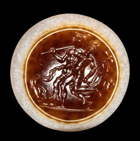 A "magical eye" agate intaglio. Two figures with attributes.