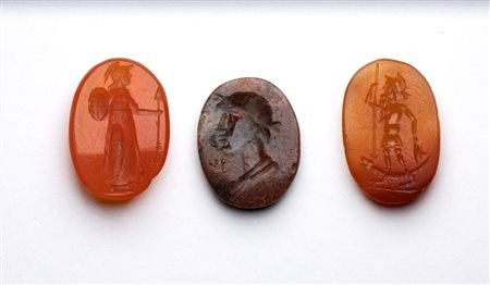 A lot of 3 postclassical  hardstone intagliios. Various subjects.