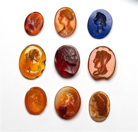 A lot of 9 intaglios-cameos. Various subjects.