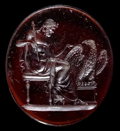 A large  Grand Tour reddish brown glass cast impression. Jupiter sitting with the eagle.