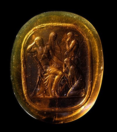 A Grand Tour dark brown glass cast impression. Priam pleads with Achilles.