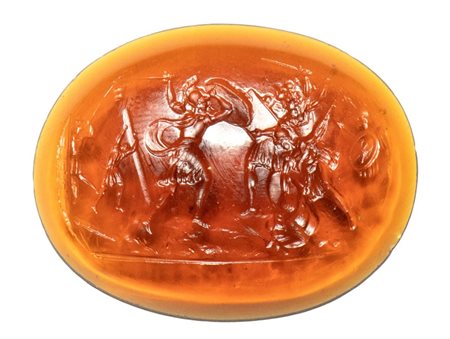 A large orange glass impression. Battle scene.