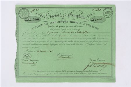 Società del Giardino Azione di Lire Cinque Cento austriache, 1840