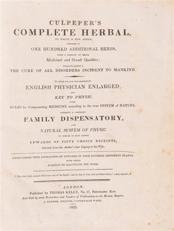 Nicholas Culperer - Culperer's complete herbal to which is now added upwards one hundred additional herbs, 1822